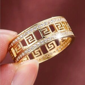 Elegant hollow-out Greek Key (Meander) Ring design micro-pave CZ stones. SZ 8